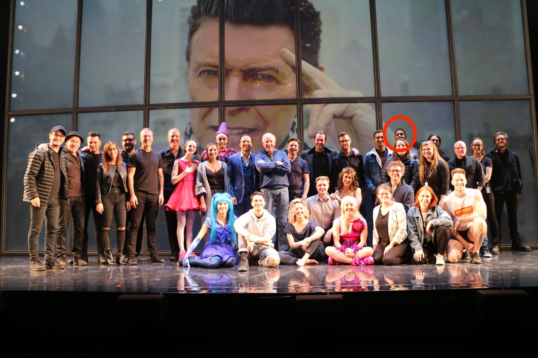 Cast and crew of Lazarus on stage, Jack circled in the back row